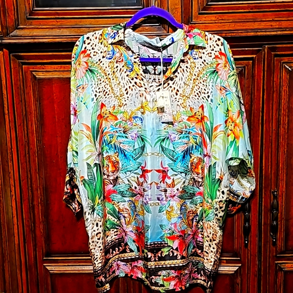JOHNNY WAS SILK "AVINA" TIGER LEOPARD SCARF PRINT TUNIC ' SZ. MD - NWT! - Picture 7 of 9